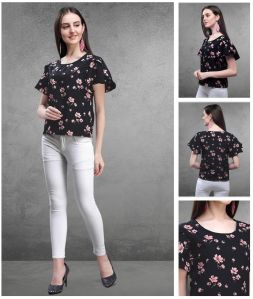 Ladies Black Floral Elegant Ruffle Sleeve Top