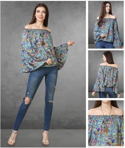 Ladies Blue Floral Breeze Off Shoulder Top
