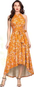 Ladies Fit & Flare Orange Floral High-Low Knitting Dress