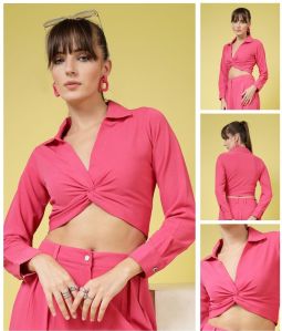 Ladies Hot Pink Solid Front Twist Crop Shirt