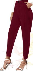 Ladies Maroon Solid Knitted Trousers