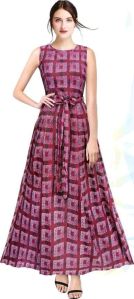 Ladies Maroon Printed Sleeveless Long Gown