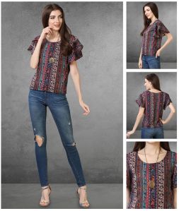 Ladies Multicolor Boho Striped Ruffle Sleeve Top