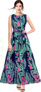 Ladies Navy Floral Printed Banglory Silk Gown