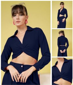 Ladies Navy Blue Solid Twist Crop Shirt