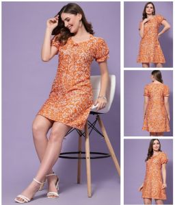 Ladies Orange &AMP; White Floral Puff Sleeve Dress