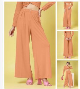 Ladies Peach Pleated Elegant Wide Leg Trousers
