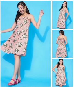 Ladies Pink Floral Flared Dress