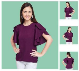 Ladies Plum Solid Elegant Ruffle Sleeve Top