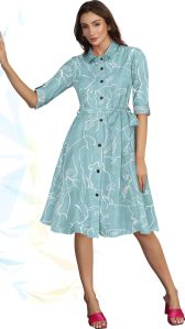 Ladies Sky Blue Abstract Printed Shirt Dress