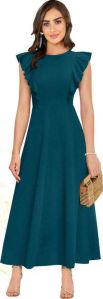 Ladies Teal Blue Elegant Solid Maxi Dress