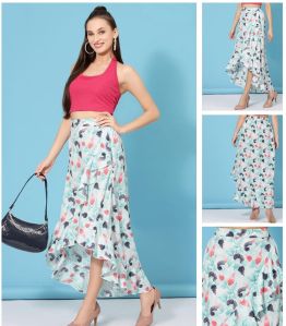Ladies White Floral Asymmetrical Skirt