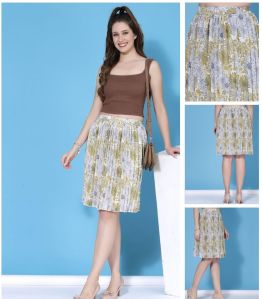 Ladies White &AMP; Green Floral Pleated Skirt