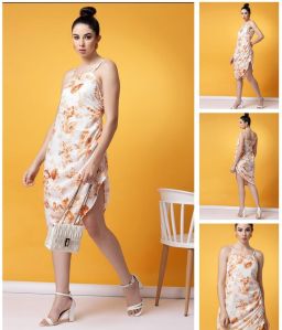 Ladies White Orange Floral Print Ruched Asymmetrical Dress