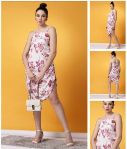 Ladies White Pink Floral Print Ruched Asymmetrical Dress