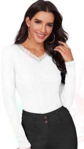 Ladies White Rib Cotton Full Sleeve Top