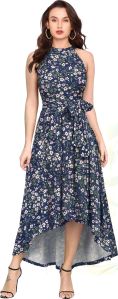 Navy Blue Floral High-Low Knitting Dress for Women