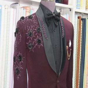 Mens Handcrafted Maroon and Black Floral Embroidery Blazer