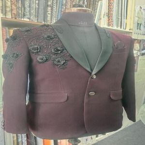 Maroon and Black Luxury Handcrafted Embroidered Floral Blazer