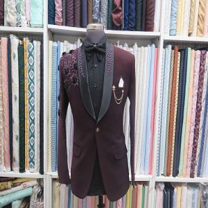 Mens Handcrafted Maroon and Black Floral Embroidery Blazer
