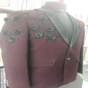 Maroon and Black Luxury Handcrafted Embroidered Floral Blazer