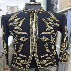 Black Elegant Embroidered Mandarin Collar Jodhpuri Wedding Suit