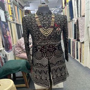 Elegant Traditional Maroon Velvet Embroidered Indo Western Sherwani