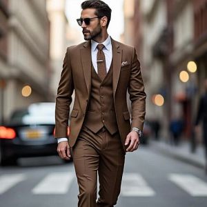 Exquisite Brown Bespoke Three Piece Wedding Suit
