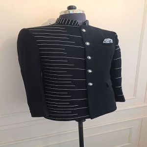 Mens Black Elegant Mandarin Collar Jodhpuri Suit