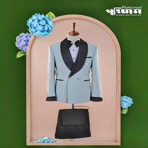 Mens Blue Tuxedo Double Breasted Two Piece Suit with Shirt and Bow Tie