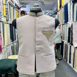 Mens Cream Embroidered Bandhgala Jodhpuri Waistcoat