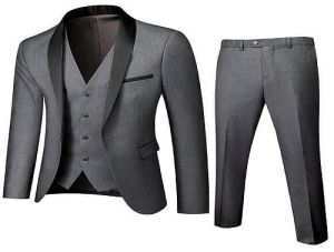 Mens Grey Satin Lapel Three Piece Suit