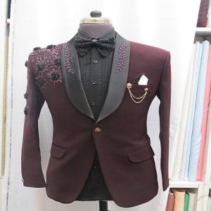 Mens Handcrafted Maroon and Black Floral Embroidery Blazer