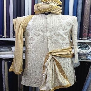 Mens Ivory Silk Embroidered Sherwani