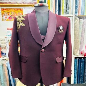 Mens Luxury Handmade Embroidered Maroon 3 Piece Suit