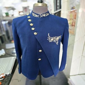 Mens Royal Blue Mandarin Collar Jodhpuri Suit