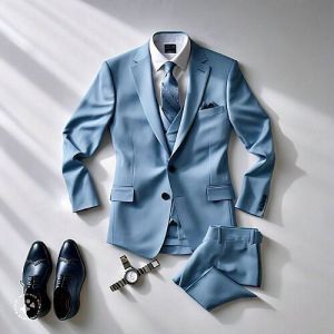 Mens Sky Blue Luxury Three Piece Wedding Suit