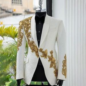 Mens White and Golden Bespoke Embroidered Blazer