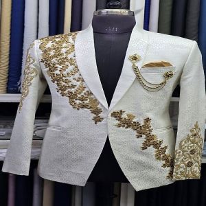 White and Golden Luxury Handcrafted Embroidered Wedding Blazer