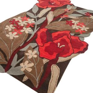 Red Floral Brown Leaf Design Hand Tufted Area Rug