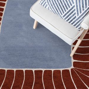 Blue Brown Scalloped Border Geometric Hand Tufted Area Rug