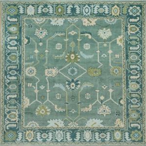 Abstract Floral Teal & Cream Hand Knotted Rug