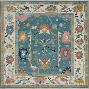 Abstract Floral Teal Hand Knotted Rug