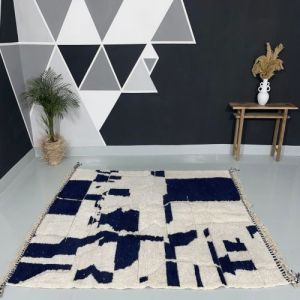 Abstract Irregular Block Navy Blue &AMP; White Hand Knotted Moroccan Rug