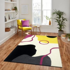 Abstract Yellow Black White Hand Tufted Area Rug