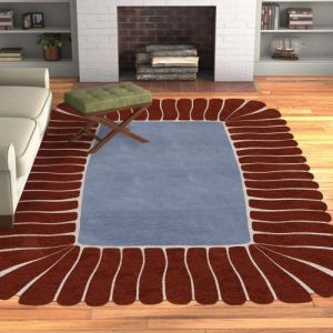 Blue Brown Scalloped Border Geometric Hand Tufted Area Rug