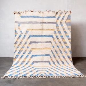 Geometric Striped Blue Yellow Hand Knotted Moroccan Rug