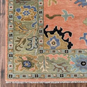 Traditional Floral Peach & Green Hand Knotted Rug