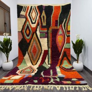 Vibrant Abstract Geometric Diamond Hand Knotted Moroccan Rug