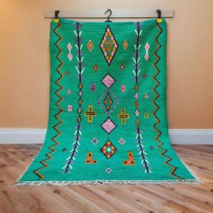 Vibrant Tribal Geometric Green Hand Knotted Moroccan Rug